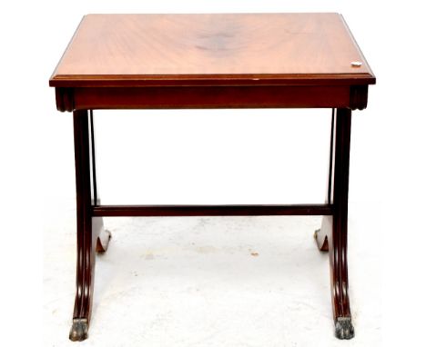 STAGG; a mahogany square side table with shaped side supports, to outswept feet with metal paw supports, 52 x 52 x 52cm.