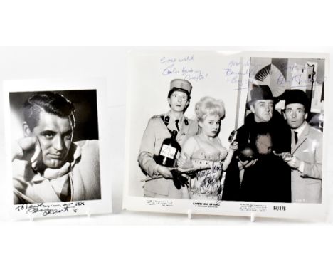TV AND FILM, 'CARRY ON' AND CARY GRANT; a black and white photograph from 'Carry On Spying', bearing the signatures of Charle