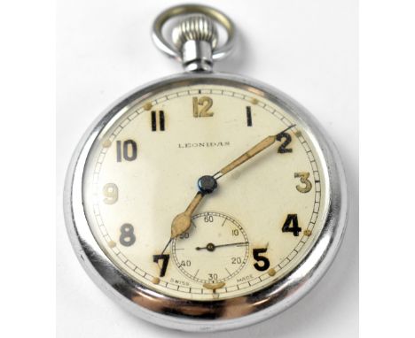 Leonidas; a white metal military open face pocket watch, white dial set with black and gilded Arabic numerals and subsidiary 