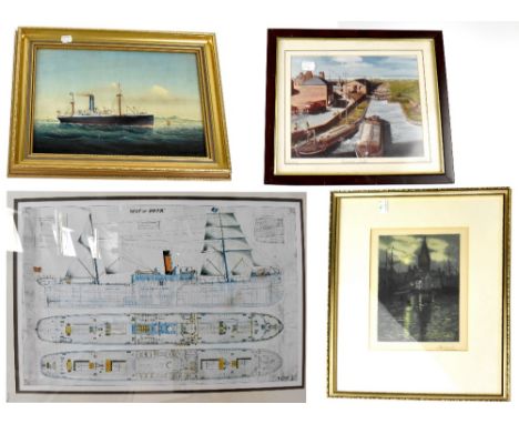 A large print of the plans for 'Gulf of Acund' ship with cross section of views and engineers' dimensions, 66 x 96cm, framed 