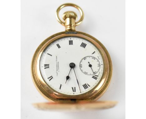 Thomas Russell &amp; Son, Liverpool; an Edwardian gold-plated fob watch, white dial set with black Roman numerals and subsidi