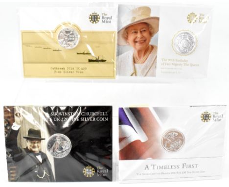 Four Royal Mint commemorative fine silver £20 coins to include '2015 Sir Winston Churchill', '2013 A Timeless First Edition G