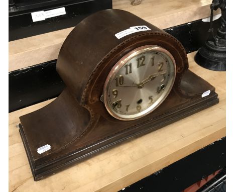 INLAID MAHOGANY CASE CHIMING MANTEL CLOCK WITH KEY &amp; PENDANT