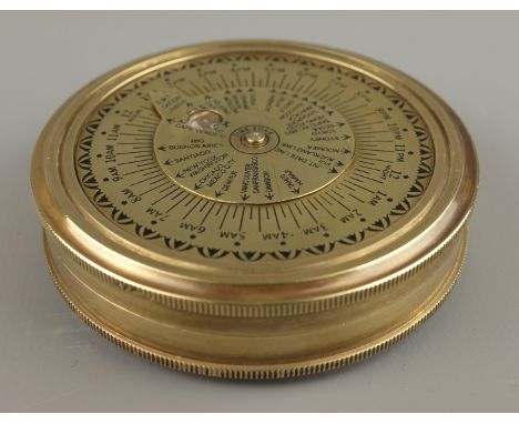 Decorative brass pocket Time Zone calculator compass, dial marked Stanley, London with screw lid, D7.5cm   Condition Report  