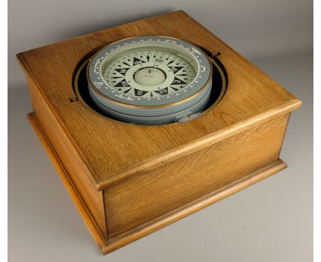 Henry Browne & Son Ltd. Sestrel 'Circum' Type No.90327 Dead-Beat Compass, No.1272N/S, brass gimbal set in later oak case, D26