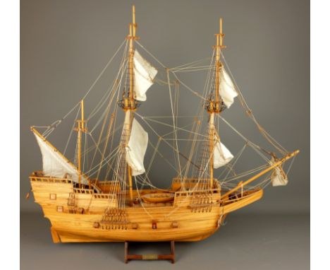 Wooden kit built scale model of the Mayflower, rigged, on stand, L76cm, H71cm   Condition Report   Click here for further ima