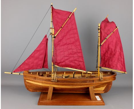 Wooden scale model of a twin masted Fishing Yawl, under sail, on stand, L61cm, D17cm, H50cm   Condition Report   Click here f