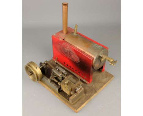 Live steam Stationary Engine, brass boiler & chimney on wooden base, H22cm   Condition Report   Click here for further images