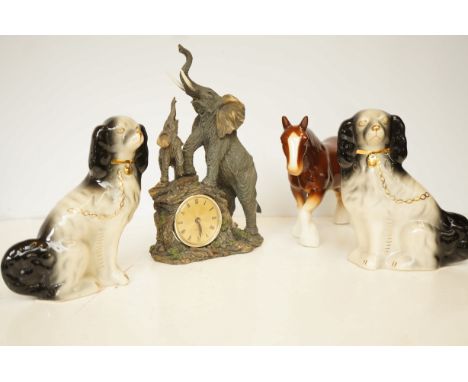 Elephant clock, ceramic horse &amp; pair of Staffordshire dogs 