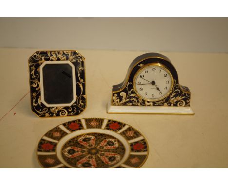 Wedgwood bicentenary celebration mantle clock, matching picture frame &amp; a royal crown derby plate  