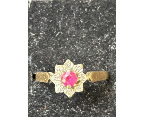 9ct Gold ring set with ruby &amp; diamonds London hallmark Size O 2.2g 