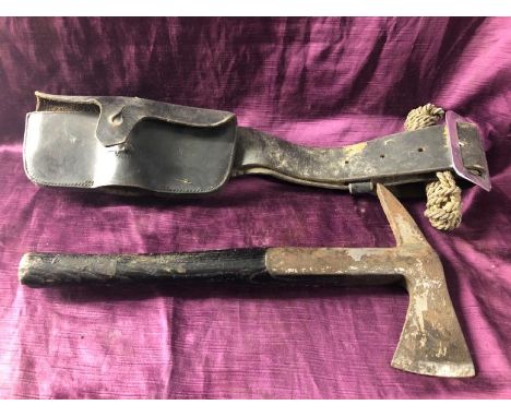 Early 20th century firemans axe with pouch, 38.5cm (l) x 20cm (w)  / All lots are located at The Barn, Hampstead Farm, Nr Hen