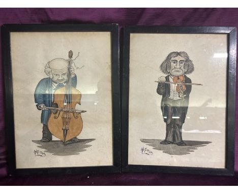 Pair of watercolour and ink caricature of musicians, signed H. Teal 99 (probably 1899), depicting a man playing a cello and a