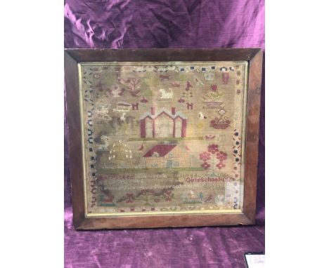 Framed and glazed sampler, Mary Rees aged 14, girls school 1869, 47cm (h) x 48.5cm (w)  / All lots are located at The Barn, H