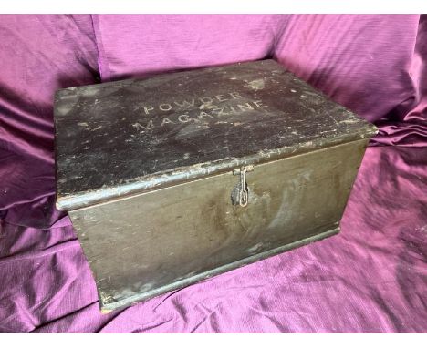 19th century miltary trunk with carrying handles, original paint and powder magazine written to lid, 26cm (h) x 50cm (w) x 35