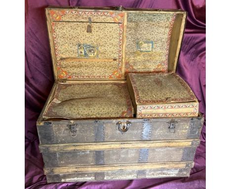 19th century dome top travelling trunk with original fitting interior, top tray and rigid box compartments, 65cm (h) x 87cm (