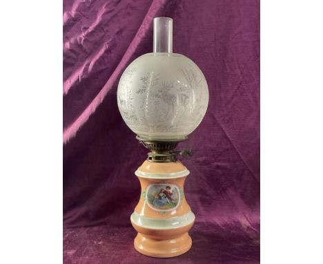 Porcelain oil lamp, frosted glass shade, 50cm (h)  / All lots are located at The Barn, Hampstead Farm, Nr Henley on Thames, O