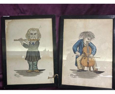 Pair of watercolour and ink caricature of musicians, signed H. Teal 99 (probably 1899), depicting a man playing a cello and a