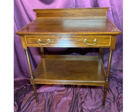 c.1900 Sheraton revival two tier server with single drawer and shelf underneath, mahogany lined with boxwood inlay, 106cm (h)