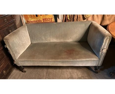 Early 20th century upholstered sofa on fluted mahogany legs with original casters, 75cm (h) x 145cm (w) x 64cm (d)  / All lot