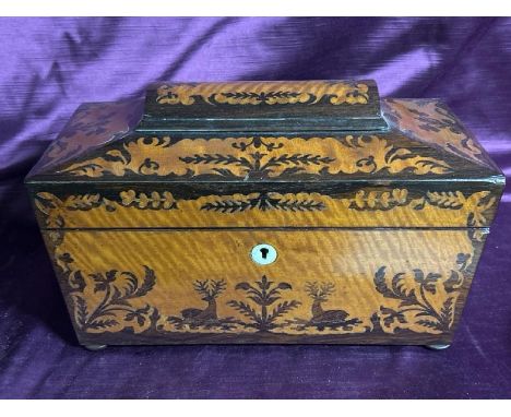 Inlaid sarcophagus shaped tea caddy. Measures 18 x 30 x 16cm  / All lots are located at The Barn, Hampstead Farm, Nr Henley o