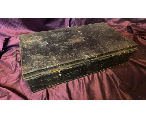 A metal boot storage trunk, J.S Dobson Esq, 18th Hussars, 15cm (h) x 61.5cm (w) x 35cm (d)  / All lots are located at The Bar