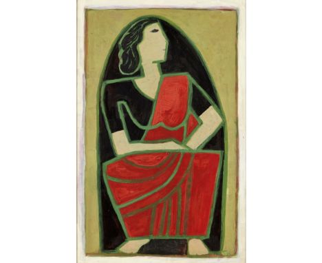 KRISHNA SHAMRAO KULKARNI (INDIAN 1916-1994)  WOMAN IN RED SARI   Signed with initials, gouache  79cm x 51cm (31in x 20in) Not