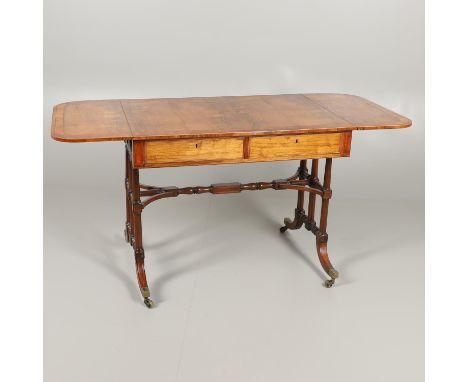 the satinwood cross-banded top above two drawers on a base with triple turned uprights and a turned and block stretcher, heig