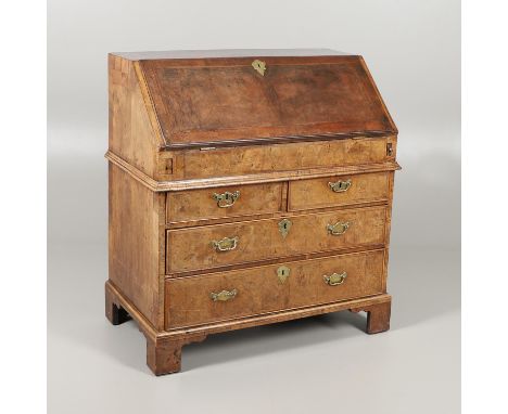 the crossbanded fall-front enclosing a fitted interior, above four drawers on bracket feet, height 102cm, width 93cm, depth 5