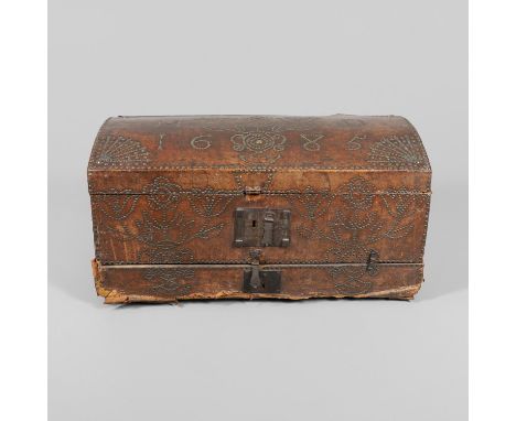 the dome top dated 1685 and initialled 'M D' with flower motifs and radiating corner studs, the base with drop front revealin