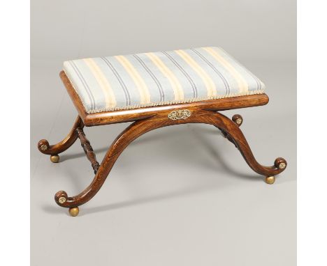 the upholstered seat on scrolling legs joined by brass mounted spindle supports with gilt metal mounts, width 89cm, depth 44c