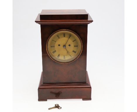 the 4 1/4" gilt engine-turned dial with Roman numerals and pierced heart hands, on a brass eight day twin fusee movement stri