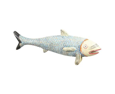 with blue-painted scales resting on tail and fins, length 118cm. *Condition: Distressed with splits and minor losses.