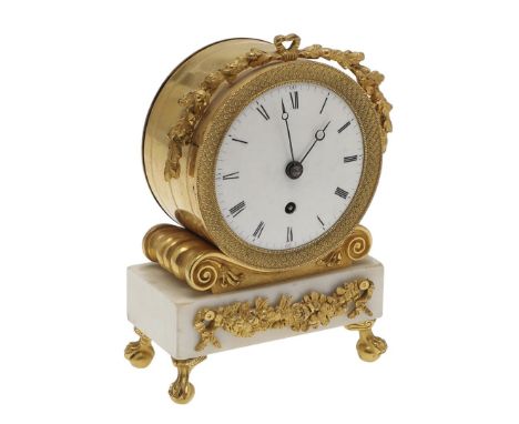 19th century, the 3 1/2" enamelled dial on a brass single train fusee movement, the drum case with ribbon surmount and fish s