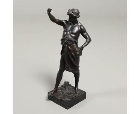 a patinated bronze study of a labourer, modelled standing with arm aloft, on a square base laden with tools and barley, signe