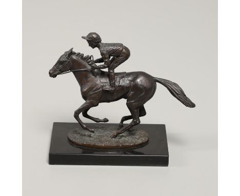 a patinated bronze study of a jockey on a racehorse, on a naturalistic oval base and rectangular black marble plinth, signed 