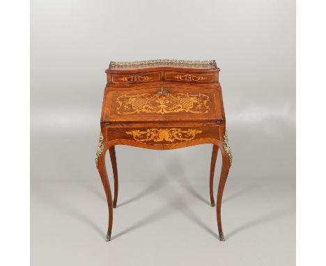 19th century, the galleried top above two small drawers and a fall front inlaid with scrolling flowers and foliage, enclosing