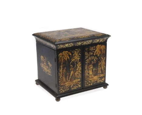 richly painted and gilded all over with figures in a garden setting, the hinged lid enclosing a red silk lined compartmentali