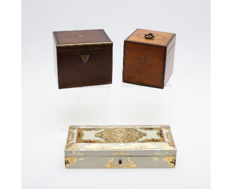 19th century, the lid with mother of pearl inlay and all over decoration of gold foliate scrolls, width 24cm; a 19th century 