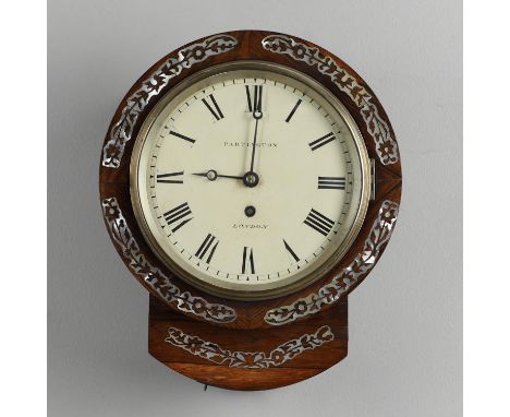 the 8" cream painted dial signed Partington, London, on a brass eight day fusee movement, the case inlaid with mother-of-pear