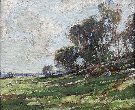 Kershaw Schofield (British 1872-1941): Figure on a Sunlit Hillside, oil on board signed 33cm x 40cmCondition Report:Very good
