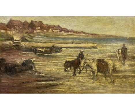 Thomas Eyre Macklin (British 1867-1943): Mussel Gathers with Ponies on Cullercoats Beach, oil on canvas signed 39cm x 66cmCon