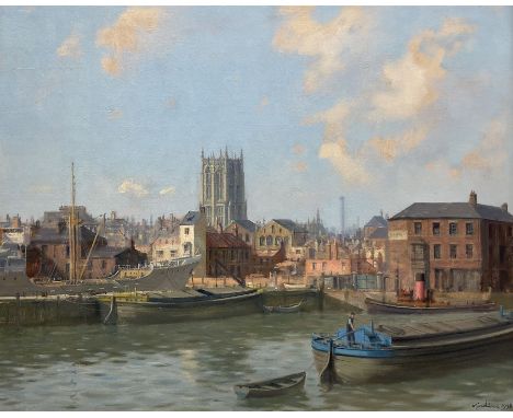 Walter Goodin (British 1907-1992): Holy Trinity Church Hull from Sammy's Point, oil on board signed and dated 1958,Provenance