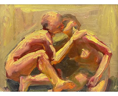 Kevin Sinnott (Welsh 1947-): The Kiss, oil on board signed with initials 20cm x 26cmCondition Report:Very good condition - re