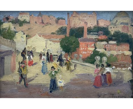 Elizabeth Campbell Fisher Clay (American/British 1871-1959): 'Old Bridge - Madrid', oil on panel signed, titled verso 11cm x 