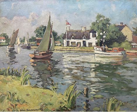 Hurst Balmford (British 1871-1950): 'Horning Ferry - Broads' Norfolk, oil on canvas board signed, titled on label verso 45cm 