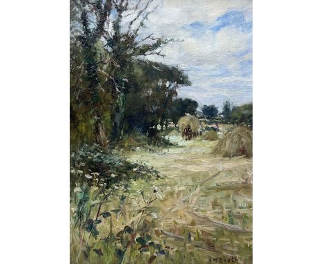 James William Booth (Staithes Group 1867-1953): Harvest Time - Working by the Woodside, oil on board signed 34cm x 24cmCondit
