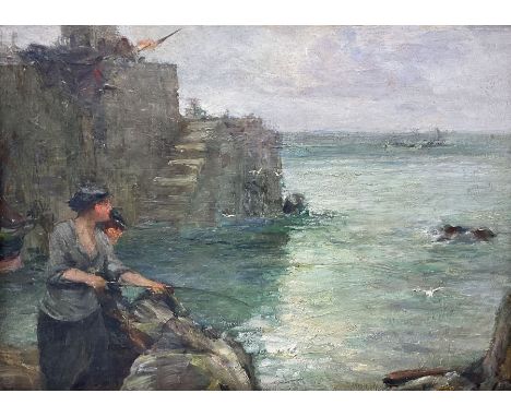 John Robertson Reid (Scottish 1851-1926): Fisherwomen at Porthleven Harbour, oil on panel unsigned 24cm x 33cm Provenance: We