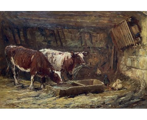 James William Booth (Staithes Group 1867-1953): Shorthorn Cattle and Hens in Stable setting, oil on canvas signed 60cm x 90cm
