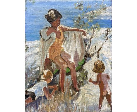 Attrib. Dorothea Sharp (British 1874-1955): Three Children on the Rocks, oil on canvas laid on to board 23cm x 18cmCondition 